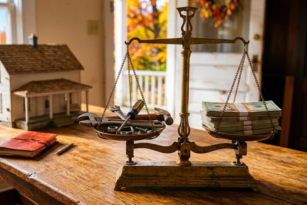 Balance scale with tools and cash next to a model home illustrating the cost of repairs versus sale proceeds
