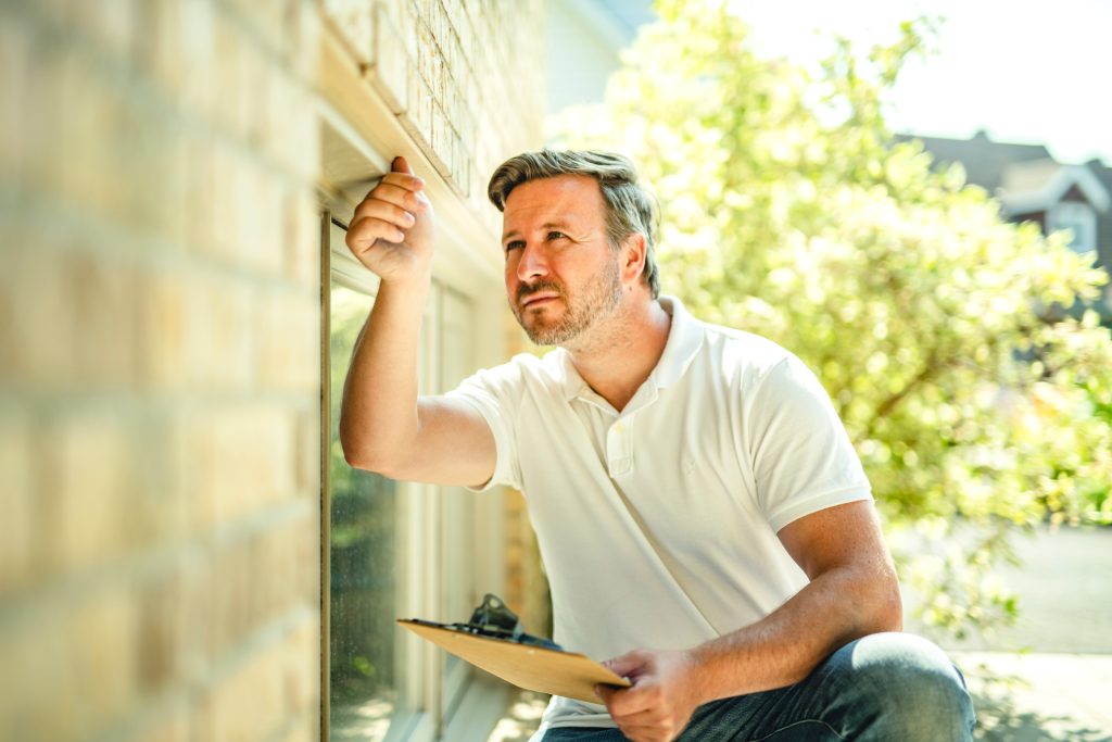 Man inspecting the exterior of a house during a property evaluation