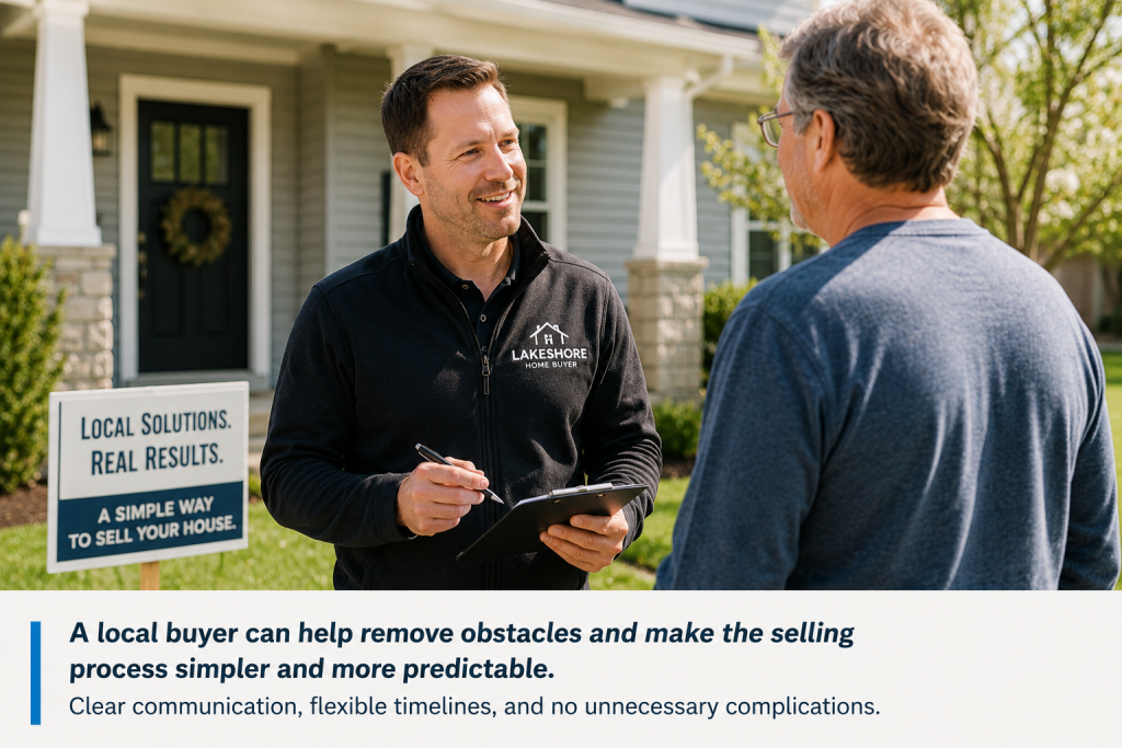 Homeowner speaking with a representative from Lakeshore Home Buyer in a relaxed setting, representing a streamlined home-selling process that avoids repairs, inspections, and financing delays.