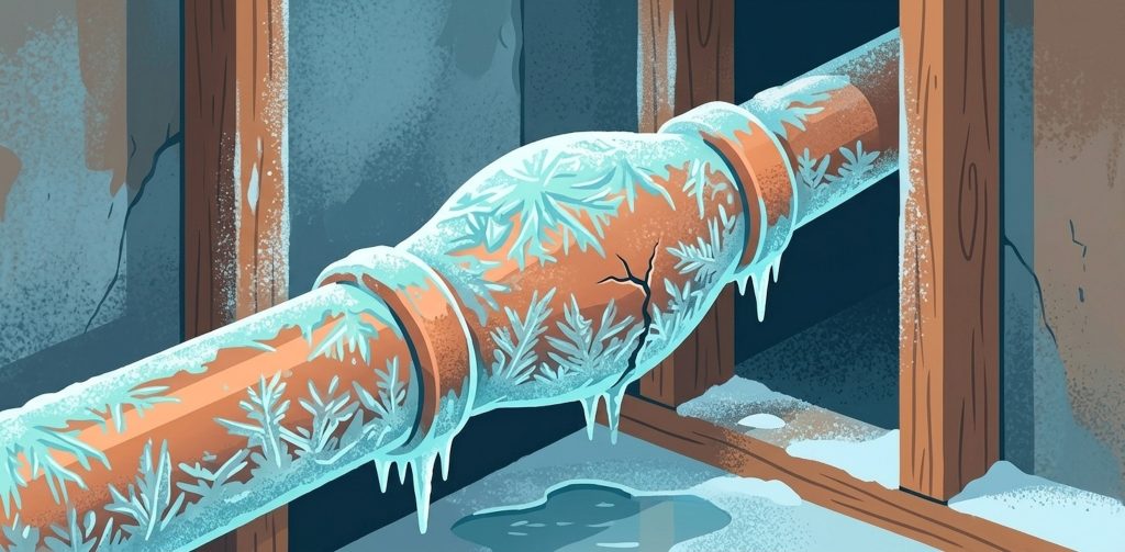 Frozen water pipe inside a vacant home during winter in West Michigan