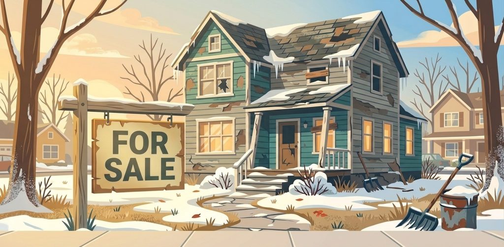 Fixer-upper house in winter with a for sale sign in the front yard.