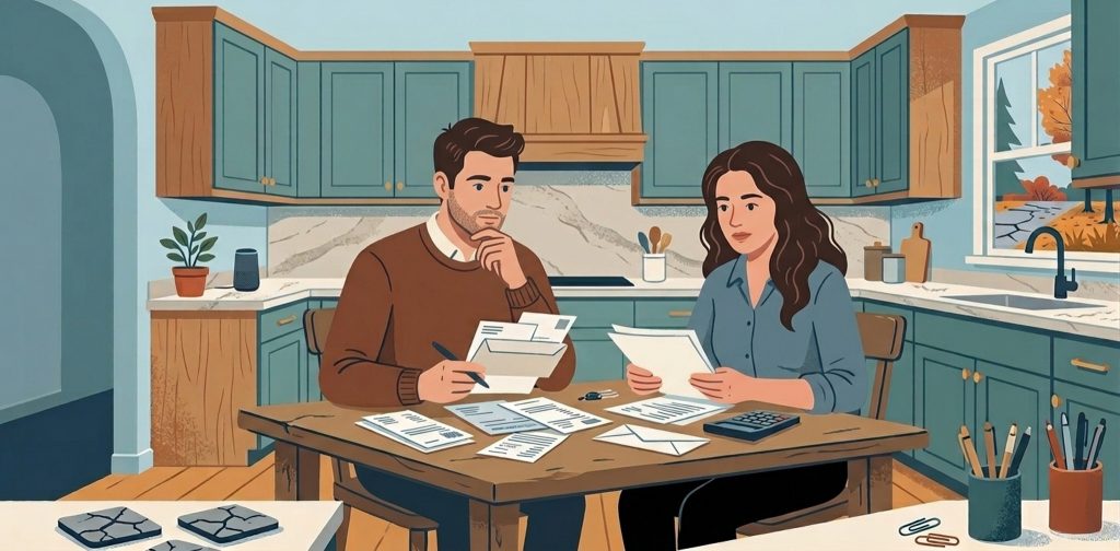 Homeowner in Grand Rapids Michigan reviewing bills and mortgage paperwork while exploring foreclosure options