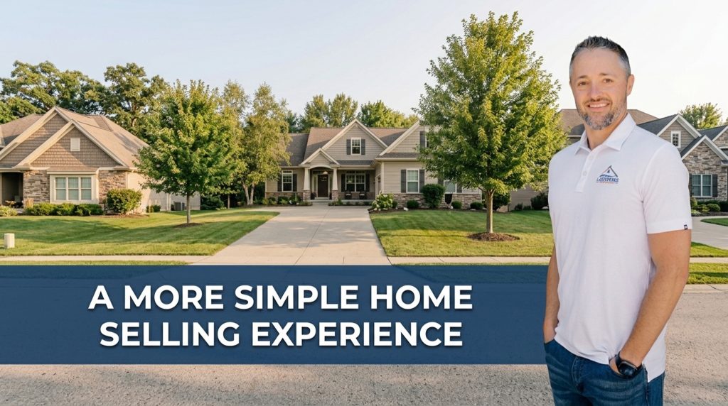 Owner of Lakeshore Home Buyer overlaid on a West Michigan suburban neighborhood with the text “A More Simple Home Selling Experience”