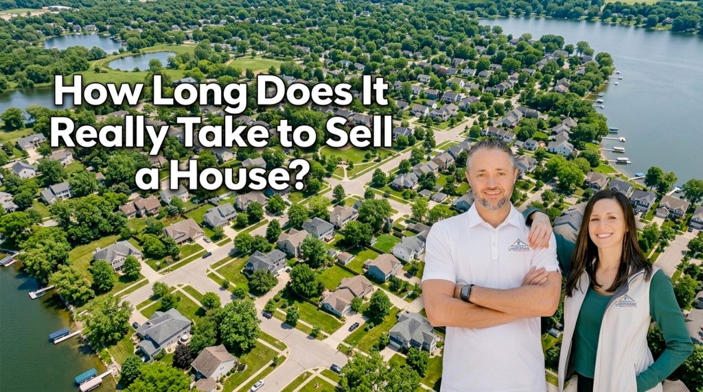 Lakeshore Home Buyer owners standing in front of an aerial view of a Grand Rapids neighborhood with informational text beside them.