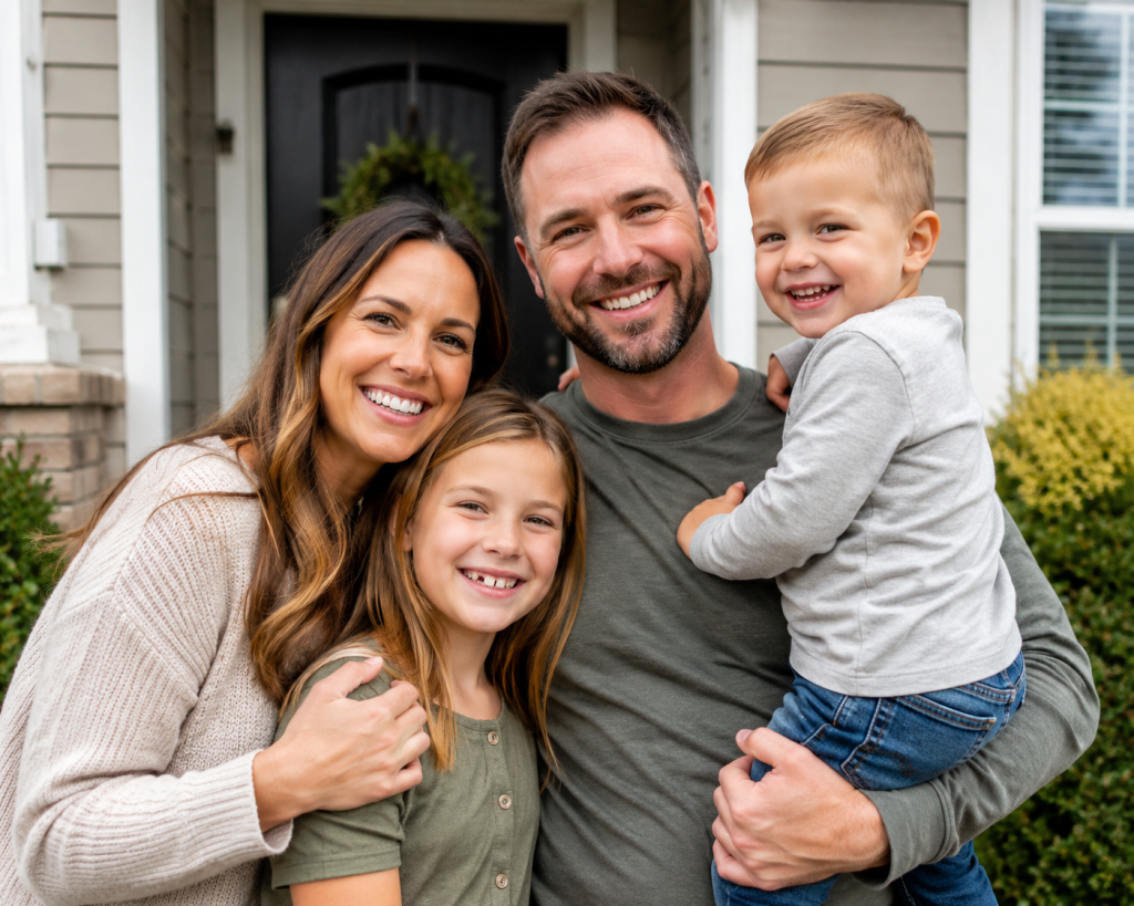 Happy family standing outside their rental home, representing a smooth home sale that allows tenants to remain in place during the transition.