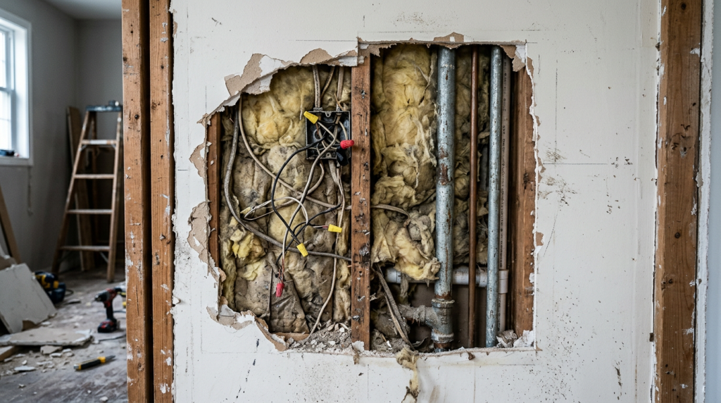 Exposed interior wall during a home renovation, showing framing and unfinished repairs that can affect buyer perception and home value.