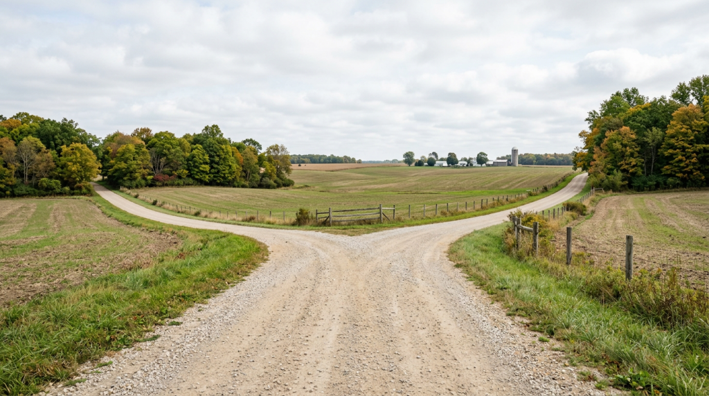 Two separate paths splitting in different directions through a rural countryside, symbolizing the decision between listing a home traditionally or selling directly as-is.