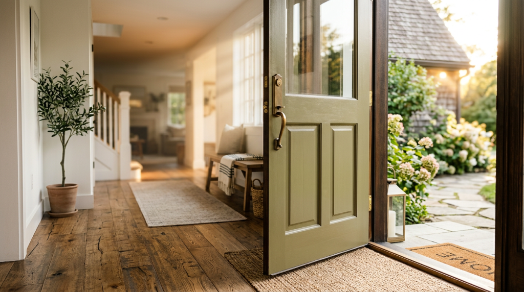 Open front door with natural light streaming into an entryway, symbolizing a fresh start and a simpler home-selling option for properties needing repairs or updates.