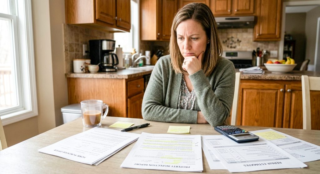 Homeowner reviewing a purchase offer, home inspection report, and repair estimates at a table, representing negotiation pressure and price reductions during a home sale.