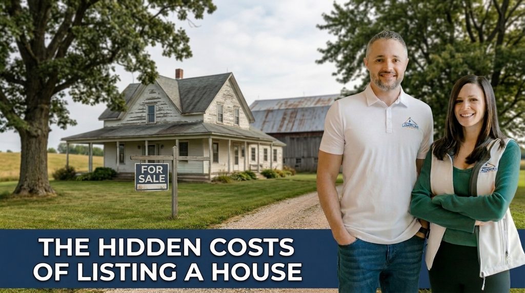 West Michigan farmhouse with a for sale sign in the yard representing the hidden costs of listing a house and extended time on market.