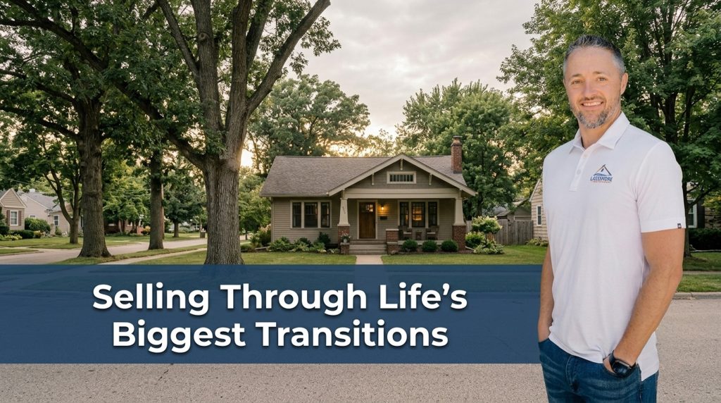 Owner of Lakeshore Home Buyer standing in front of a suburban Michigan home with tree-lined streets and overlay text reading “Selling Through Life’s Biggest Transitions,” representing home-selling options during divorce, relocation, or major life changes.