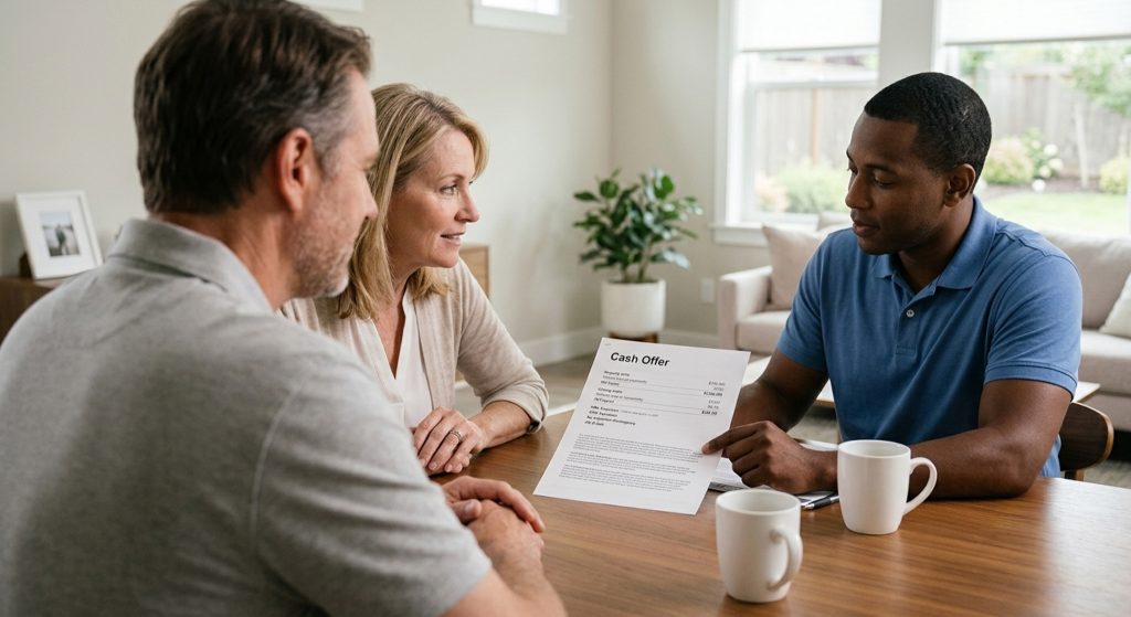 Couple sitting at a kitchen table reviewing a printed property cash offer with a real estate buyer, shown in an over-the-shoulder perspective.
