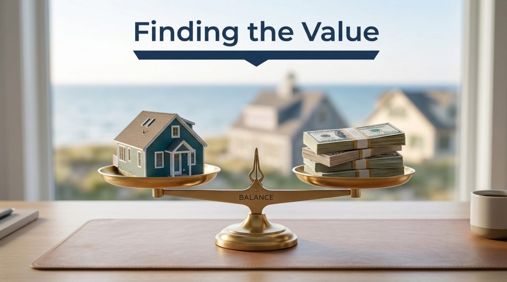 Balance scale on a home office desk with a model house on one side and a stack of cash on the other, representing the pros and tradeoffs of selling a home for cash.