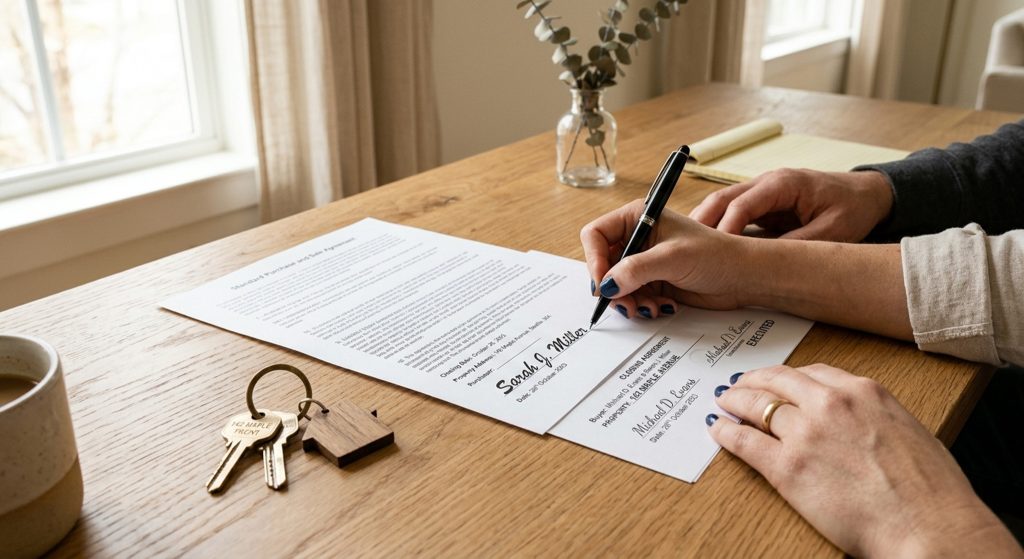 Hands signing real estate closing documents beside house keys on a wooden table, representing a flexible home closing and a smooth transition after selling a house.