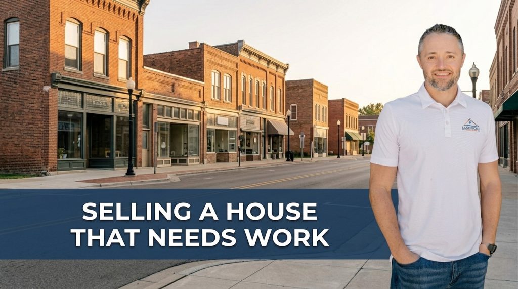 Owner of Lakeshore Home Buyer standing in front of downtown Allegan, Michigan with overlay text reading “Selling a House That Needs Work,” representing options for homeowners with fixer-upper properties in West Michigan.