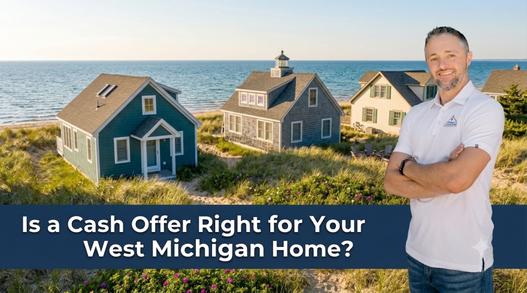 Owner of Lakeshore Home Buyer standing in front of Holland, Michigan beach homes with the article title displayed on a blue banner