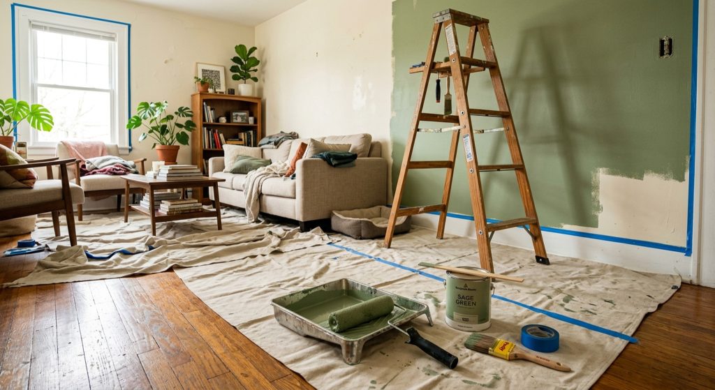 Paint can, roller, paint brush, and ladder inside a home being renovated, representing pre-listing repairs and the time involved in preparing a house for sale.