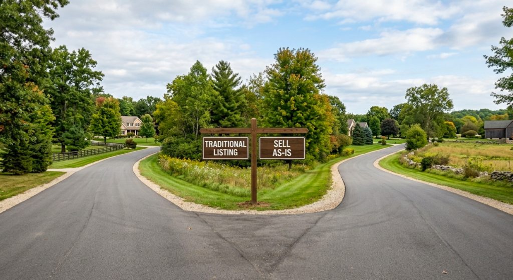 Fork in the road with signs representing different home-selling options, symbolizing the decision between listing traditionally or selling a house as-is in West Michigan.