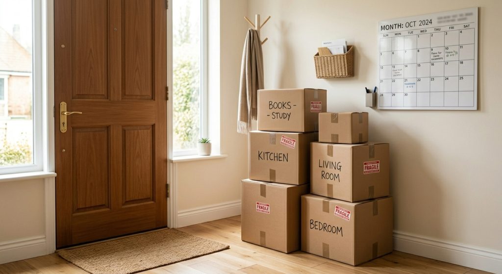 Moving boxes stacked near a front door with a calendar on the wall, representing time-sensitive home sales during relocation, divorce, or major life transitions.