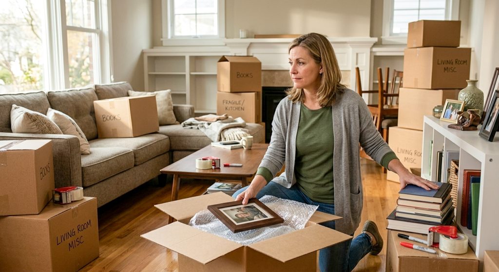 Homeowner packing boxes and organizing belongings in a living room while preparing a house for sale, representing the emotional and practical challenges of moving.