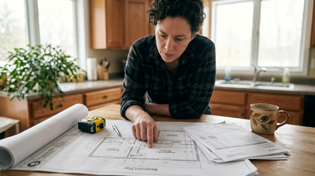 Homeowner reviewing renovation paperwork, building plans, and property documents at a kitchen table, representing disclosure considerations for code violations or unpermitted work before selling a home.