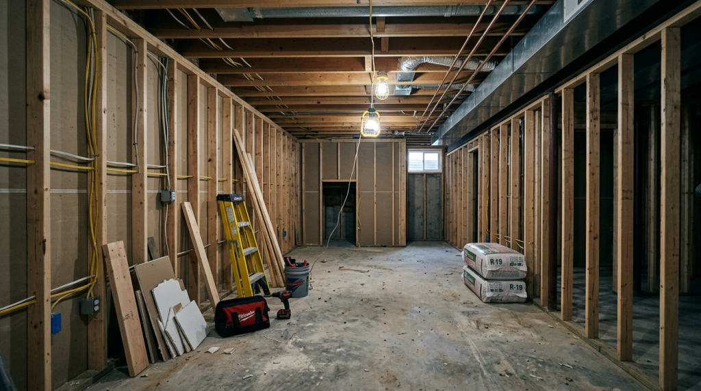 Unfinished basement with exposed framing, electrical wiring, and construction materials, representing common code violations or unpermitted work that homeowners may encounter before selling.