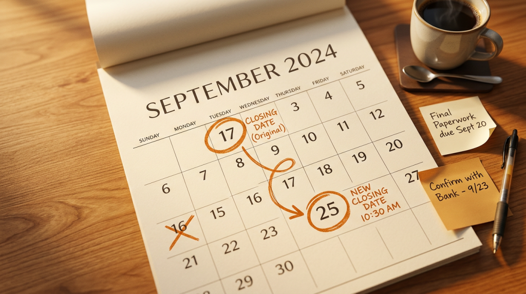 Desk calendar with a closing date circled in red pen and an arrow pointing to a rescheduled date, with warm sticky notes and a blurred coffee cup in the background.