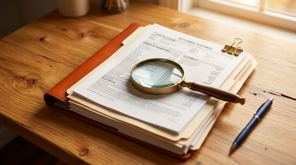 Close-up of real estate closing documents on a wooden desk with a magnifying glass highlighting fine print, alongside a pen and warm-toned folder.