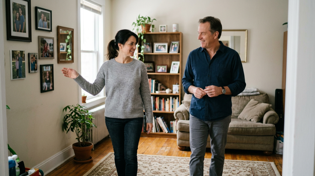 A homeowner and buyer casually walking through a living room during a home walkthrough, pointing out details in a relaxed, conversational setting.