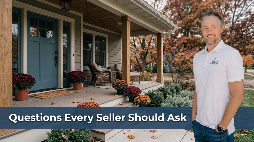 Lakeshore Home Buyer representative in a company polo shirt, hands in pockets, standing in front of a home's autumn-themed front porch with cool-toned fall foliage, with a blue banner reading 'Questions Every Seller Should Ask.