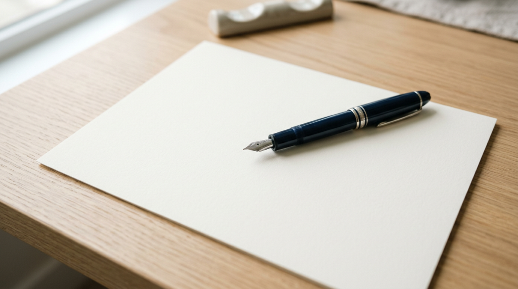 Pen resting on a blank document on a clean, neutral surface, representing a no-obligation cash offer and the opportunity to review home-selling options without pressure.