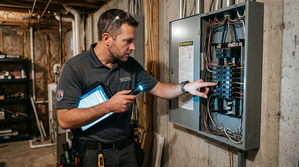 Home inspector examining an electrical panel during a property inspection, representing how code violations or unpermitted work can affect a traditional home sale.