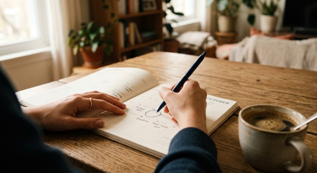 Close-up of hands adjusting a date on a calendar with a cup of coffee nearby, representing a flexible home closing timeline.