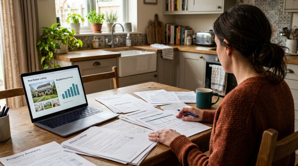 Homeowner reviewing market reports and notes at a kitchen table before relisting their home