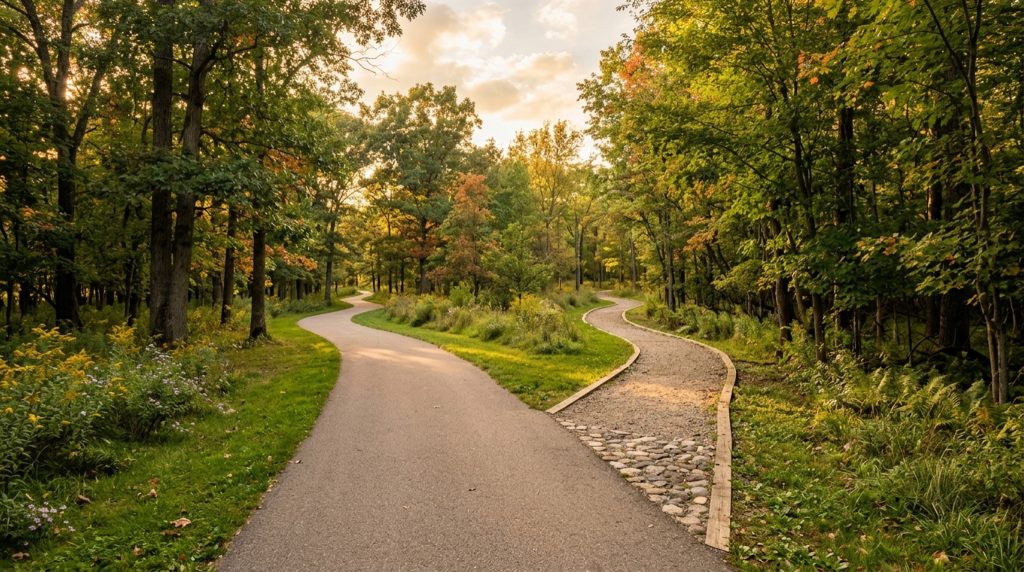 Peaceful fork in a country road with two equally inviting paths, symbolizing the different options homeowners can consider when deciding how to sell their home.