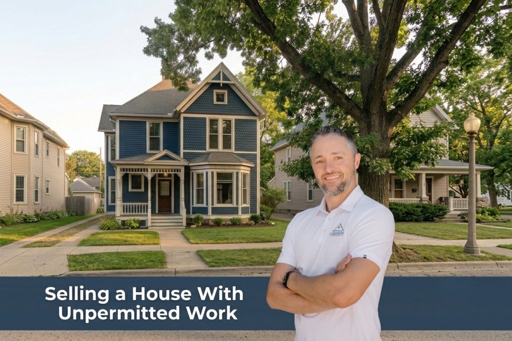 Owner of Lakeshore Home Buyer overlaid in front of a well-maintained older home with tree-lined streets in the Heritage Hill Historic District, with a blue banner reading "Selling a House With Unpermitted Work," representing options for homeowners in West Michigan.