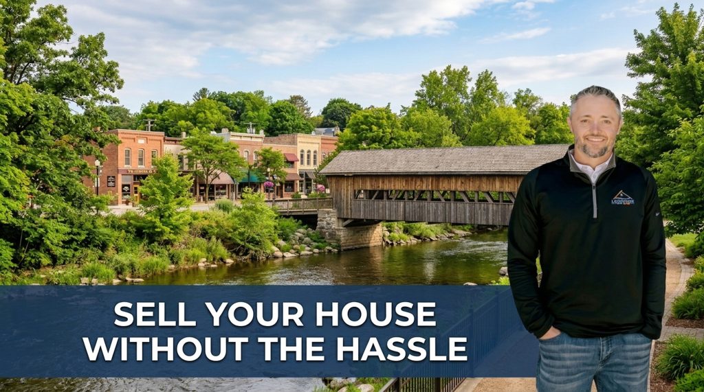 Owner of Lakeshore Home Buyer standing in front of the Rogue River and Rockford Dam bridge in Rockford with overlay text reading “Sell Your House Without the Hassle,” representing a simple cash home-selling process in West Michigan.