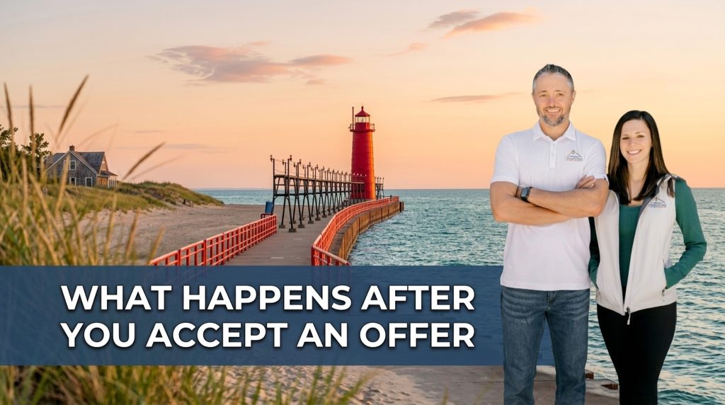 Grand Haven, Michigan pier and lighthouse at sunset with a dune cottage in the background, featuring Lakeshore Home Buyer owner Ryan alongside text reading 'What Happens After You Accept An Offer.'