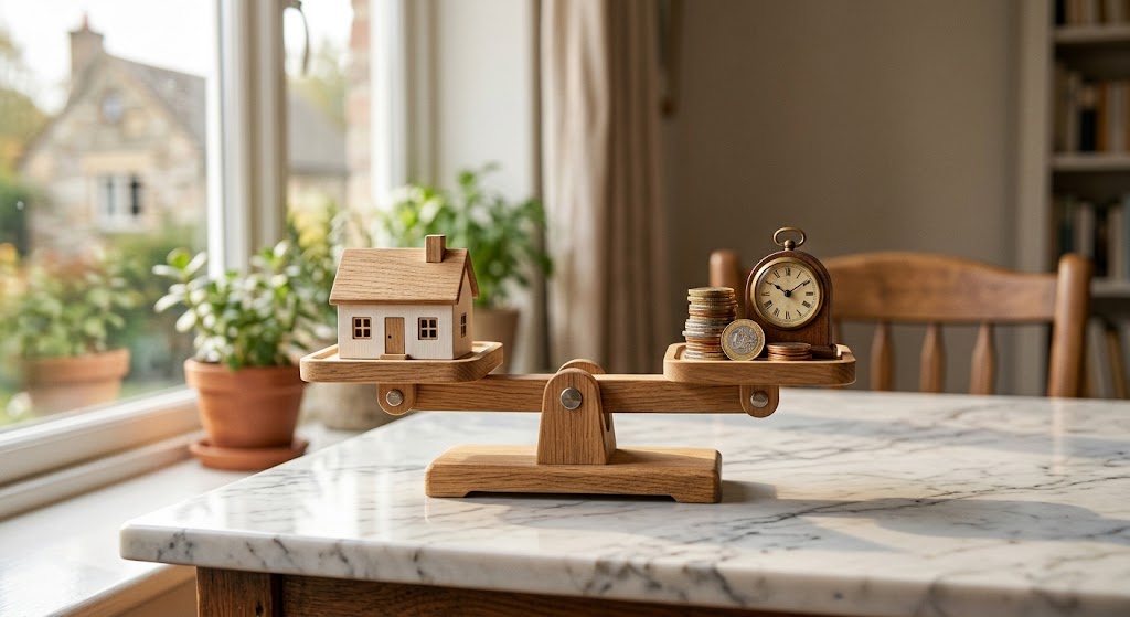 A wooden balance scale on a marble countertop, with a small model house on one side and coins and a clock on the other, representing the balance between finances, timing, and home condition when deciding whether to move or sell first.