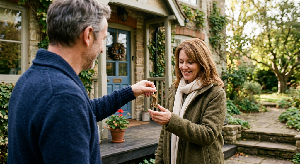 Homeowner handing over a set of house keys to a smiling woman on the front porch of a charming stone cottage, symbolizing a completed home sale.