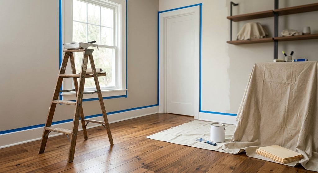 Living room mid-renovation with painter's tape along the trim, a drop cloth covering furniture, and a step ladder against the wall, representing prep work before listing a rental property for sale.
