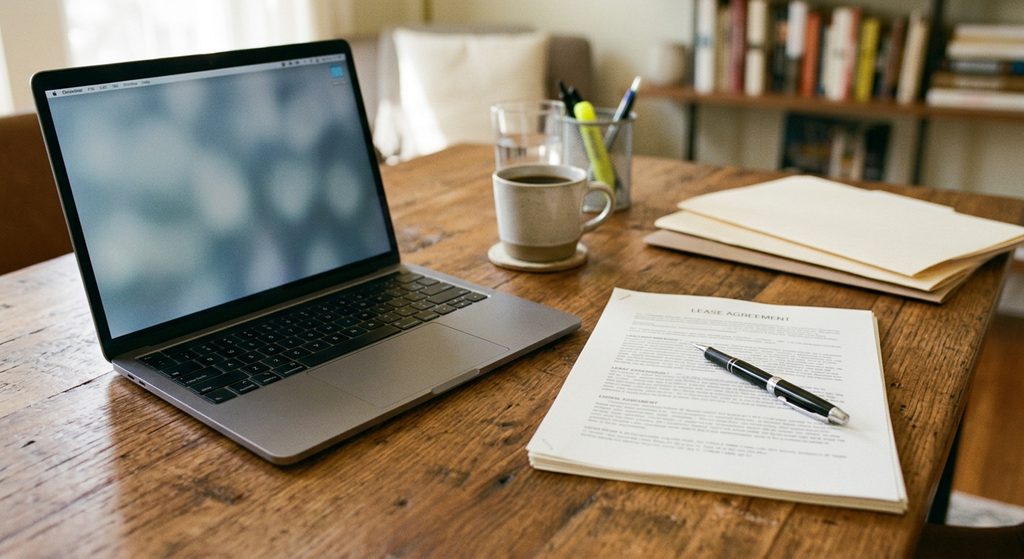 Desk with laptop and printed lease agreement, representing a landlord reviewing lease terms before selling a rental property