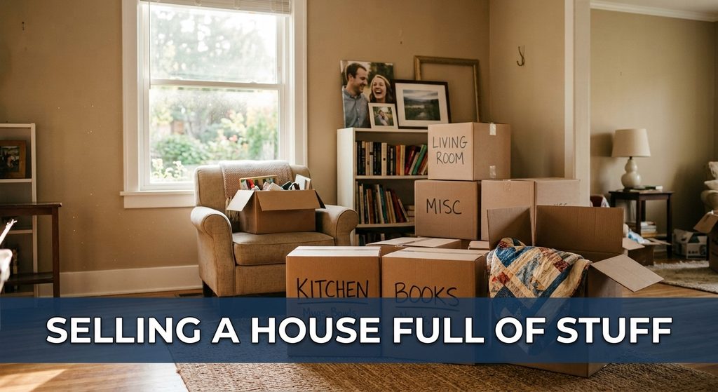 Living room filled with labeled moving boxes marked Kitchen, Books, Living Room, and Misc, with a cozy armchair and bookshelf in the background — illustrating selling a house full of belongings.