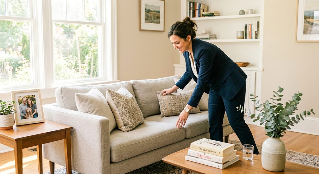 Real estate agent in a navy blazer straightening throw pillows on a couch while staging a bright, tidy living room with bookshelves and natural light.